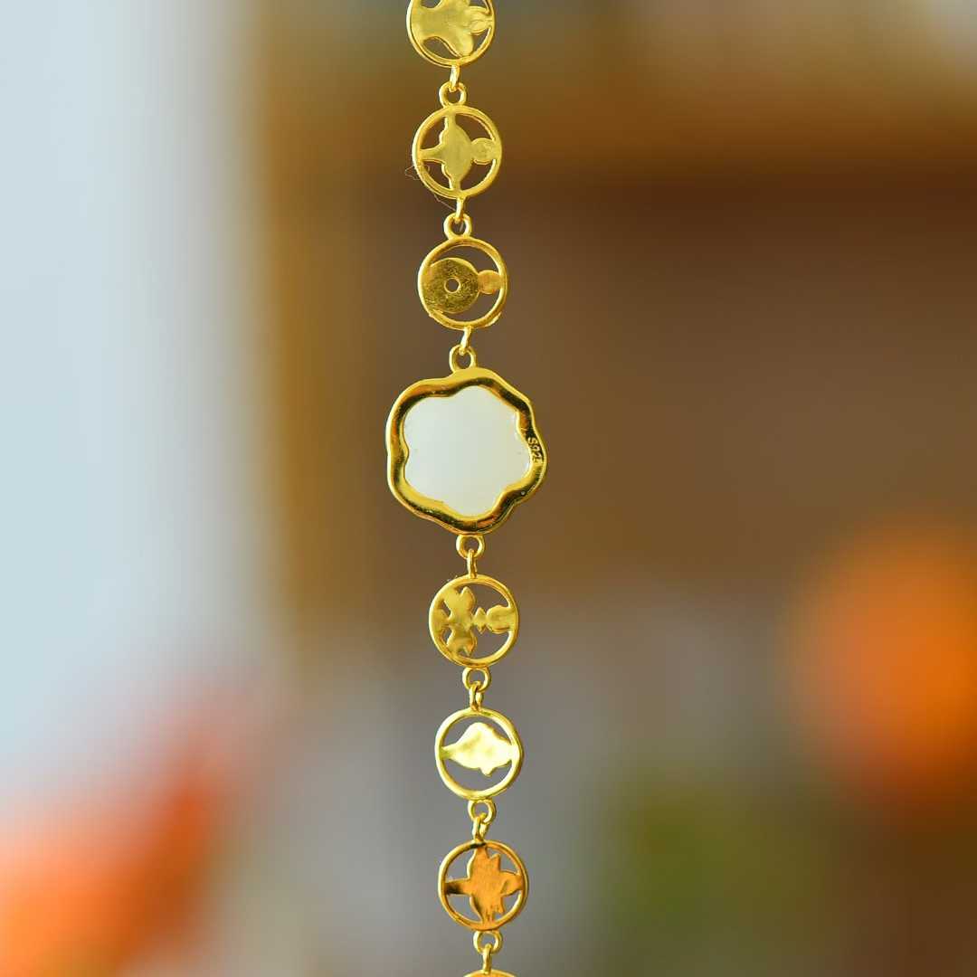 925 Silver Inlaid Enamel & Hetian Nephrite "Blooming Roses & Eight Treasures" Bracelet