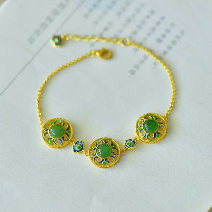 925 Silver Inlaid Hetian Nephrite Round Cabochon Ruyi Bracelet