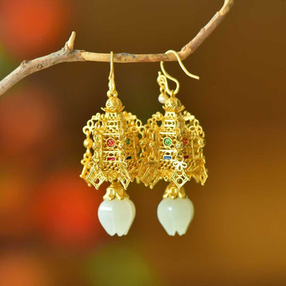 925 Silver Inlaid Nephrite "Qionglou Yuyu" Palace Lantern Earrings