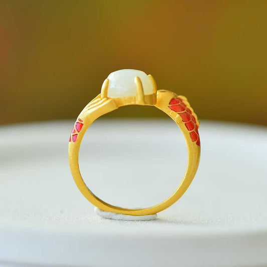 S925 Silver Inlaid Hetian Nephrite "Yearly Surplus (Fish)" Ring