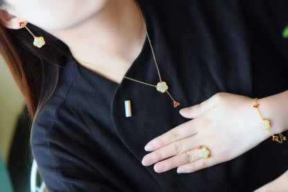 925 Silver Inlaid Hetian Jade Five-Petal Flower Four-Piece Set