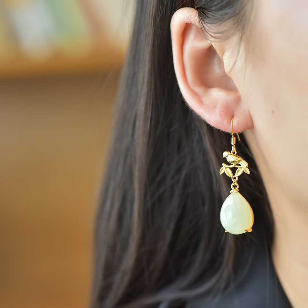 925 Silver Nephrite "Double Happiness Arrives" Teardrop Earrings