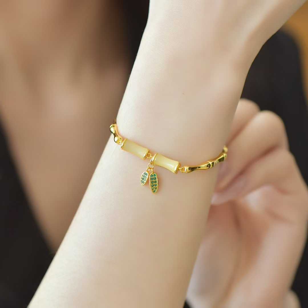 925 Silver Inlaid Nephrite "Steady Progress" Bamboo Joint Bracelet