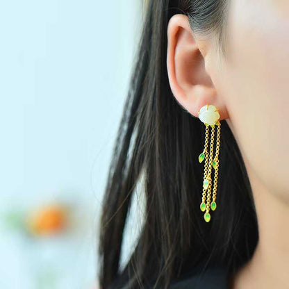 925 Silver Inlaid Enamel & Hetian Nephrite "Rose Tassel" Earrings
