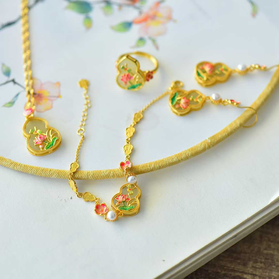 S925 silver Hetian nephrite Butterfly-Lover and Gourd jewelry set - complete collection