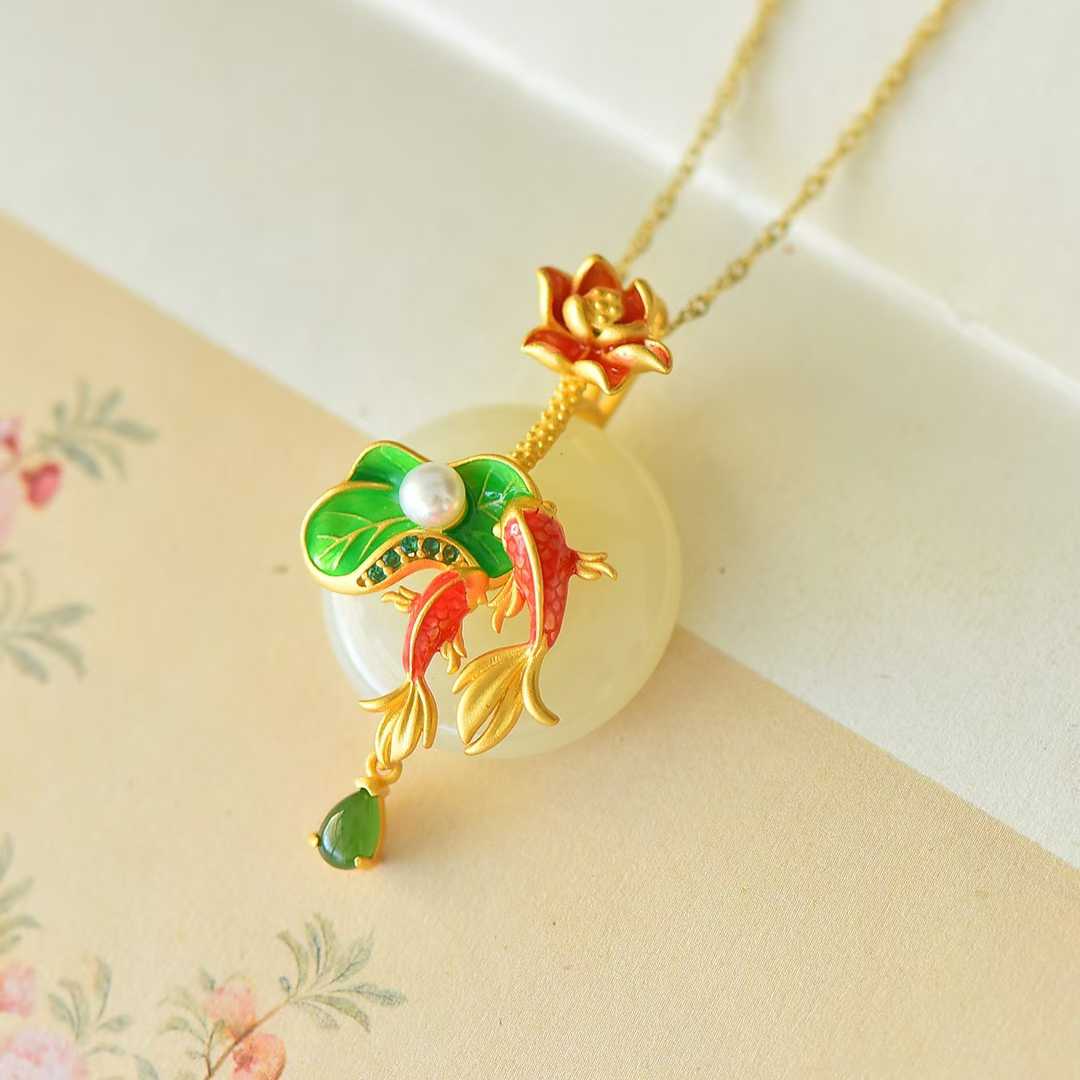 925 Silver-Inlaid Hetian Jade Enamel Pendant with "Ping'an Kou" (Peace Buckle) & "Two Fish Playing Among Lotus" Design