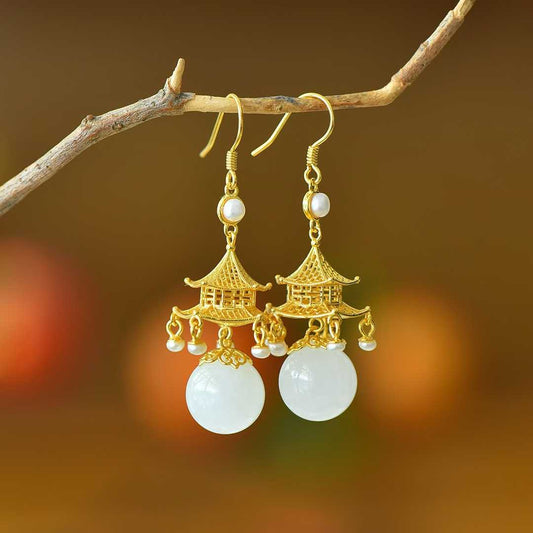 S925 Silver Inlaid Nephrite "Palace of Jade" Palace Lantern Earrings