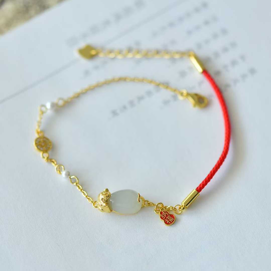 925 Silver Inlaid Hetian Nephrite Water Drop "Pixiu Attracting Blessings" Bracelet