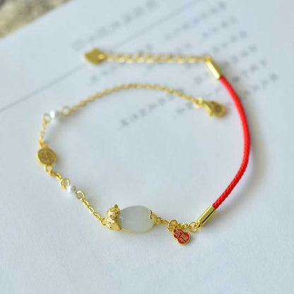 925 Silver Inlaid Hetian Nephrite Water Drop "Pixiu Attracting Blessings" Bracelet