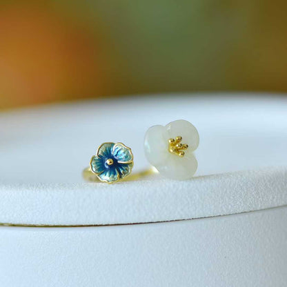 925 Silver Inlaid Hetian Nephrite "Three-Petal Flower Two-Tone" Ring