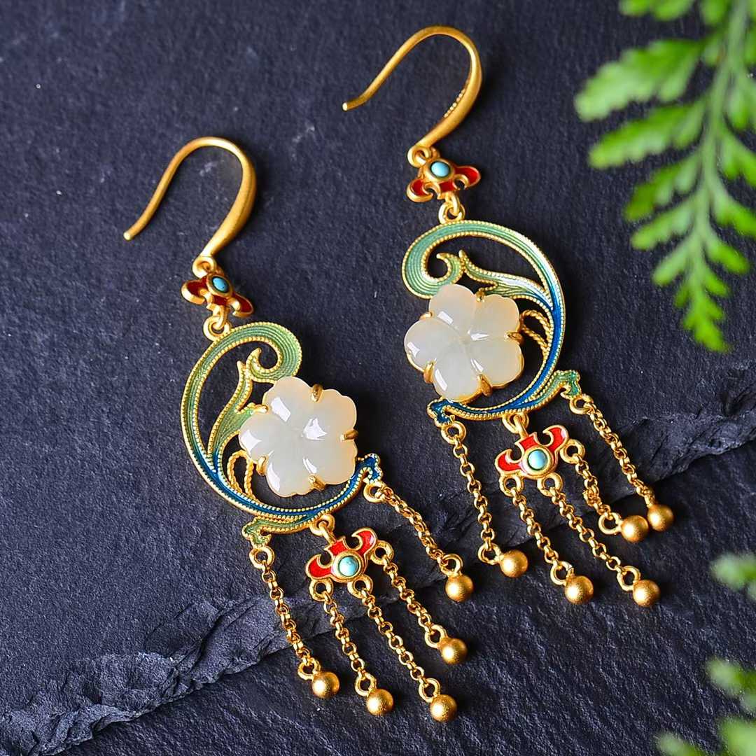 925 Silver Inlaid Natural Nephrite Drum-Face Earrings