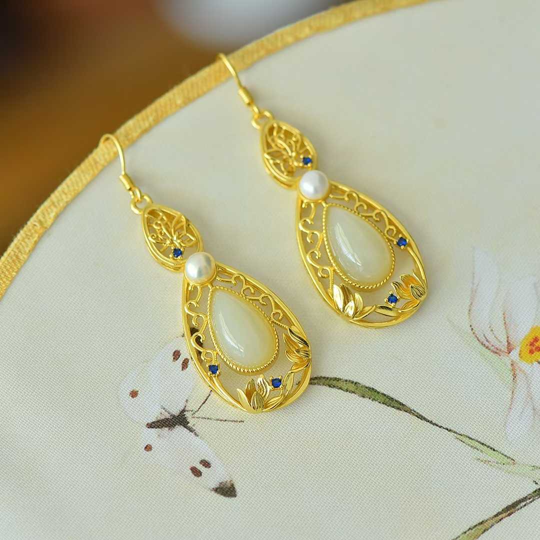 925 Silver Inlaid Nephrite "Lotus of Good Fortune" Teardrop Earrings