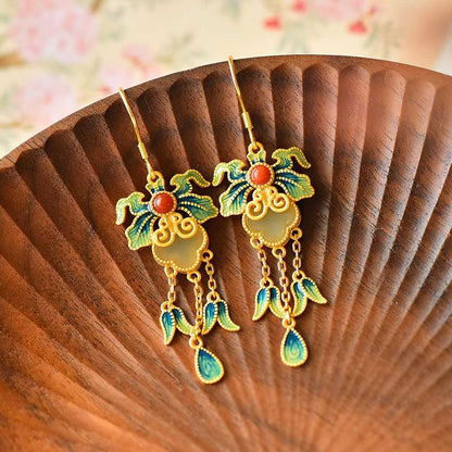 925 Silver Inlaid Green Hetian Nephrite "Maple Tree Shade" Enamel Dangle Earrings
