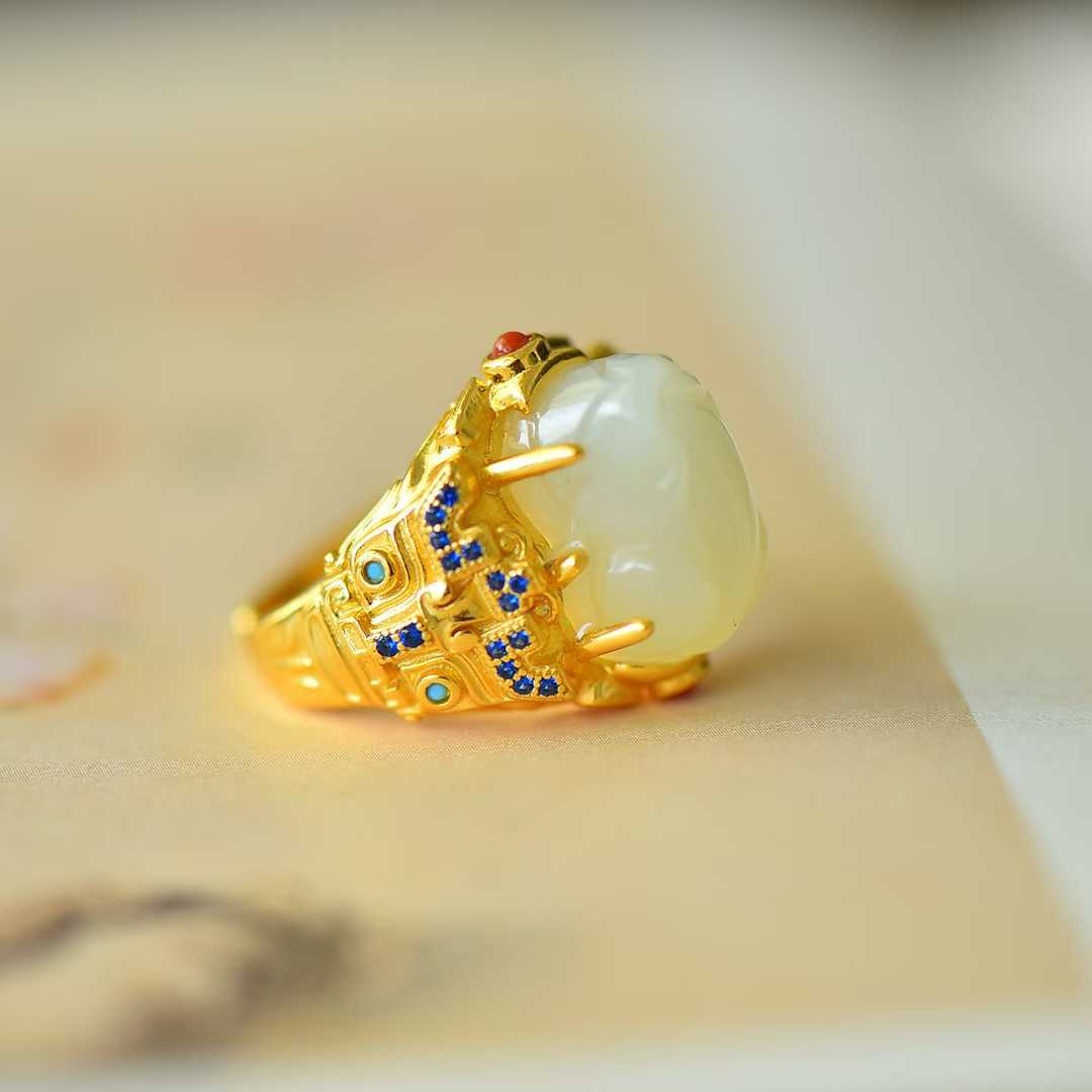 925 Silver Inlaid Hetian Nephrite "Attract Wealth & Treasure" Pixiu Ring