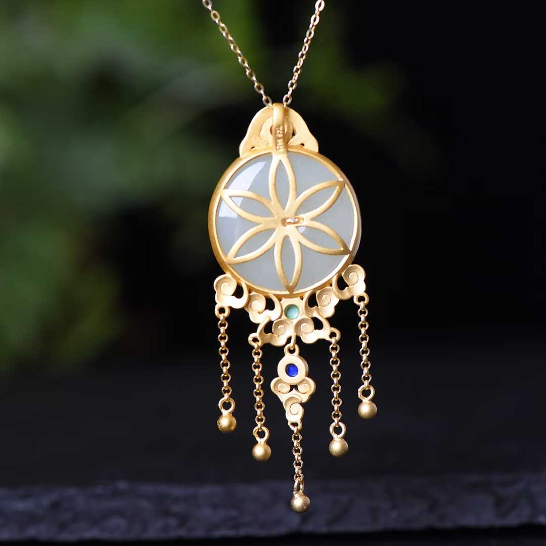 925 Silver Inlaid Hetian Jade Ping'an Kou Set