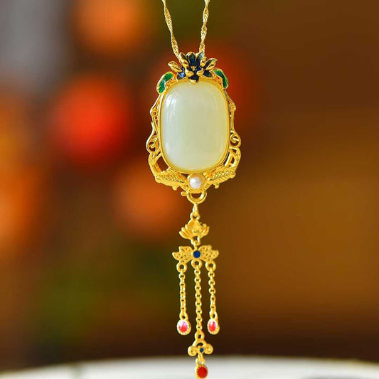925 Silver Inlaid Hetian Nephrite "Year of Abundance (Fish) & Tassel" Pendant