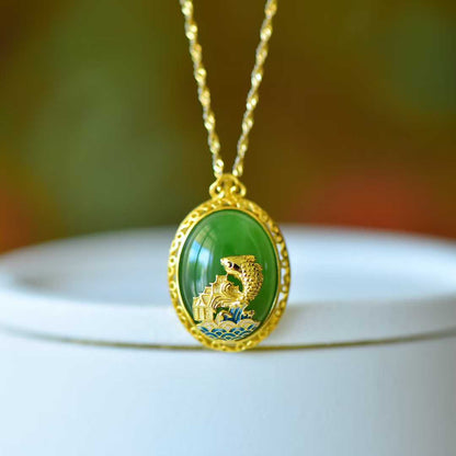 925 Silver Inlaid Hetian Jasper "Cabochon & Fish Leaping Over the Dragon Gate" Pendant