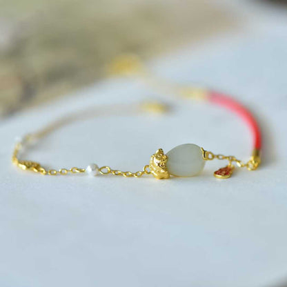 925 Silver Inlaid Hetian Nephrite Water Drop "Pixiu Attracting Blessings" Bracelet