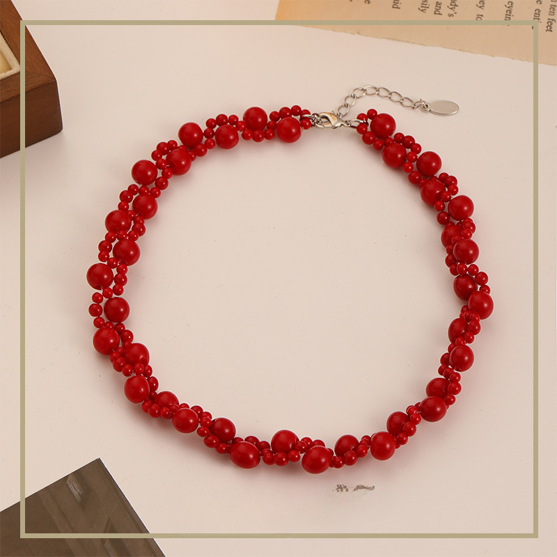 Chinese style retro double layer twisted red beaded necklace - jewelryweilin