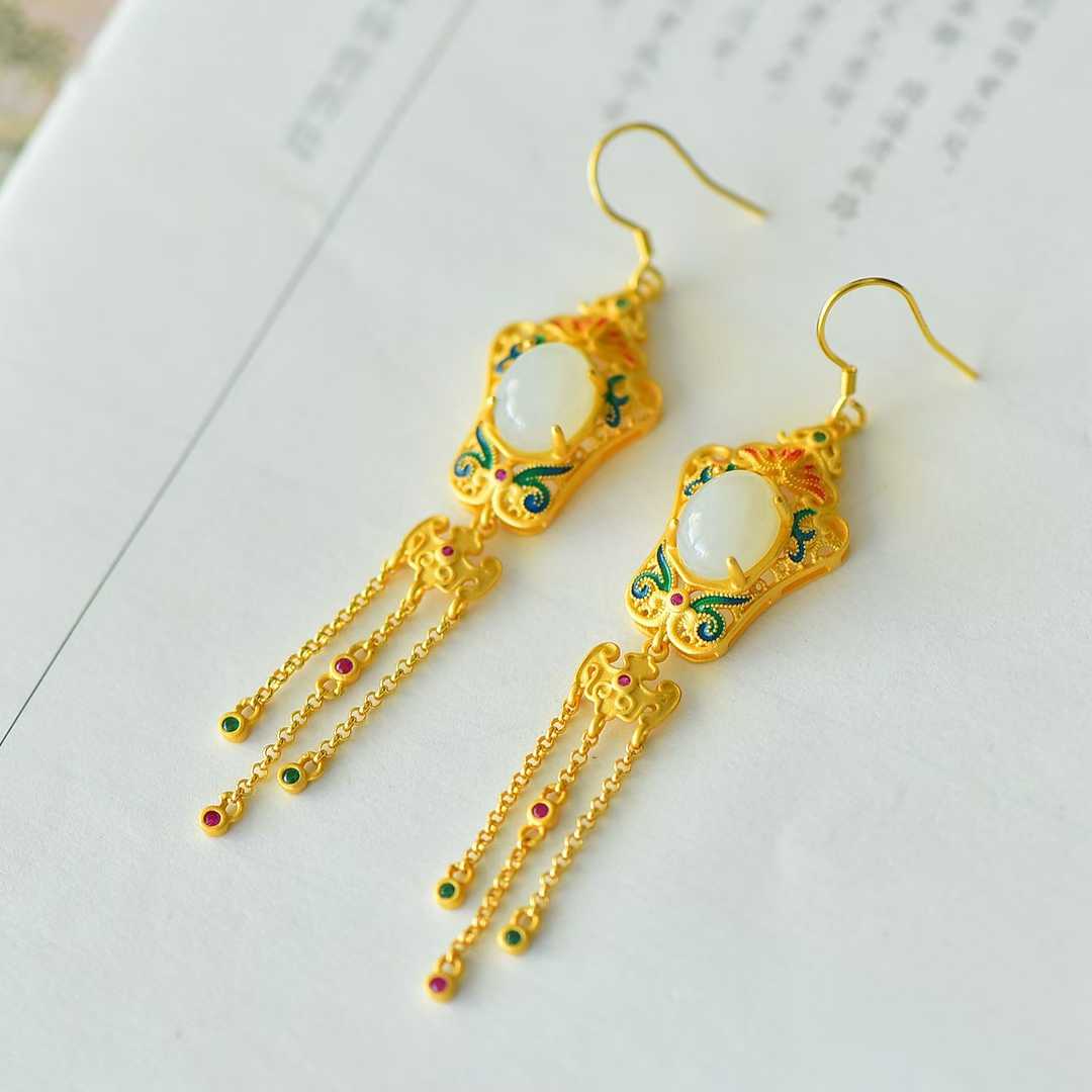 925 Silver Inlaid Hetian Nephrite "Lotus, Blessing, Longevity & Ruyi" Enamel Tassel Earrings