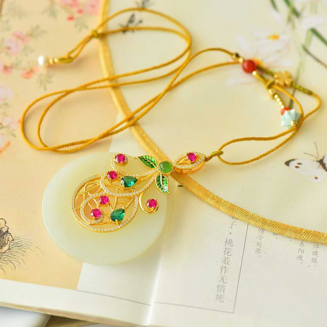 925 Silver Inlaid Hetian Nephrite "Peace Ring" Plain Silver Pendant with Colored Cubic Zirconia