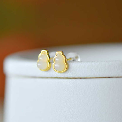 925 Silver Inlaid White Hetian Nephrite "Gourd for Double Blessings (Prosperity & Fortune)" Stud Earrings