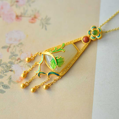 925 Silver Inlaid Nephrite "One Leaf Contains the Universe" Tassel Pendant