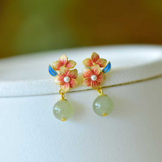 925 Silver Inlaid Hetian Nephrite "Ethereal Peach Blossom" Earrings