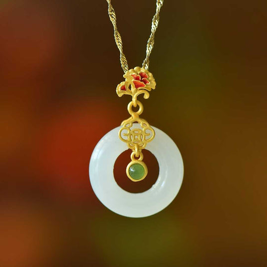 925 Silver Inlaid Hetian Nephrite "Carnation & Peace Circle" Pendant
