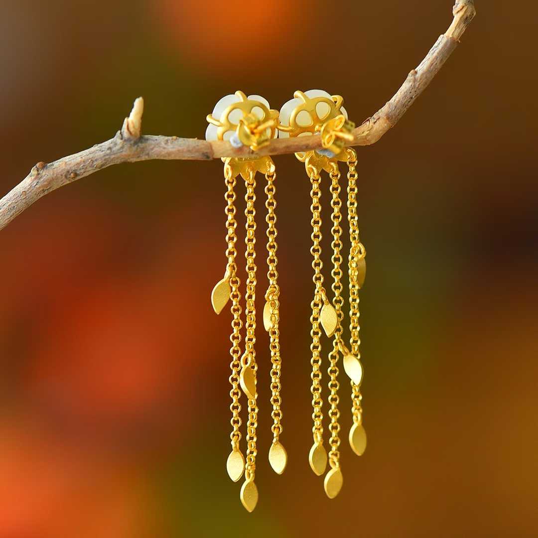 925 Silver Inlaid Enamel & Hetian Nephrite "Rose Tassel" Earrings