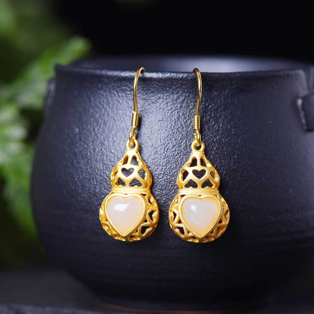 925 Silver Inlaid Nephrite Heart-Shaped Thick Matte Gold Set