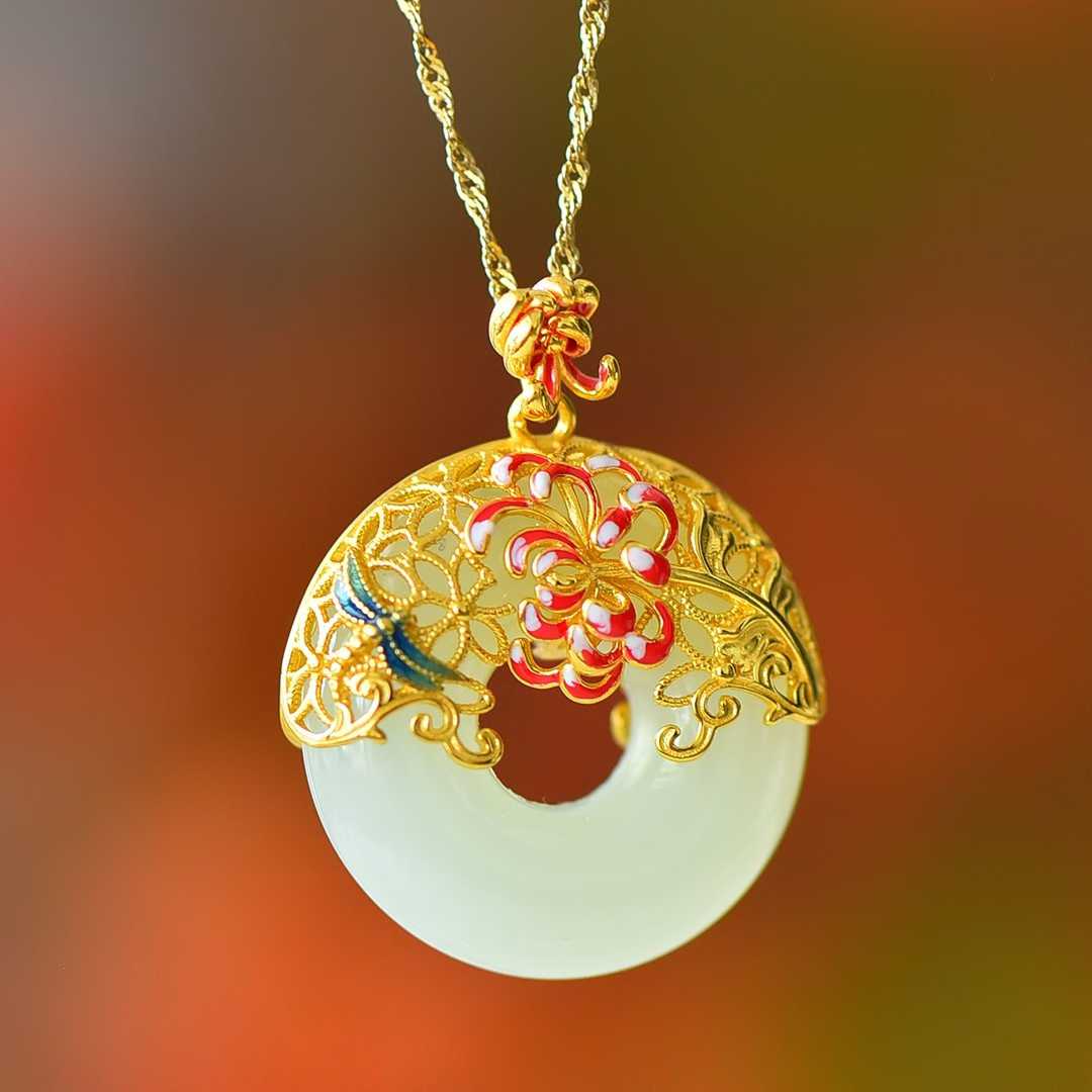 925 Silver Inlaid Nephrite "Peony Filigree Peace Ring" Pendant