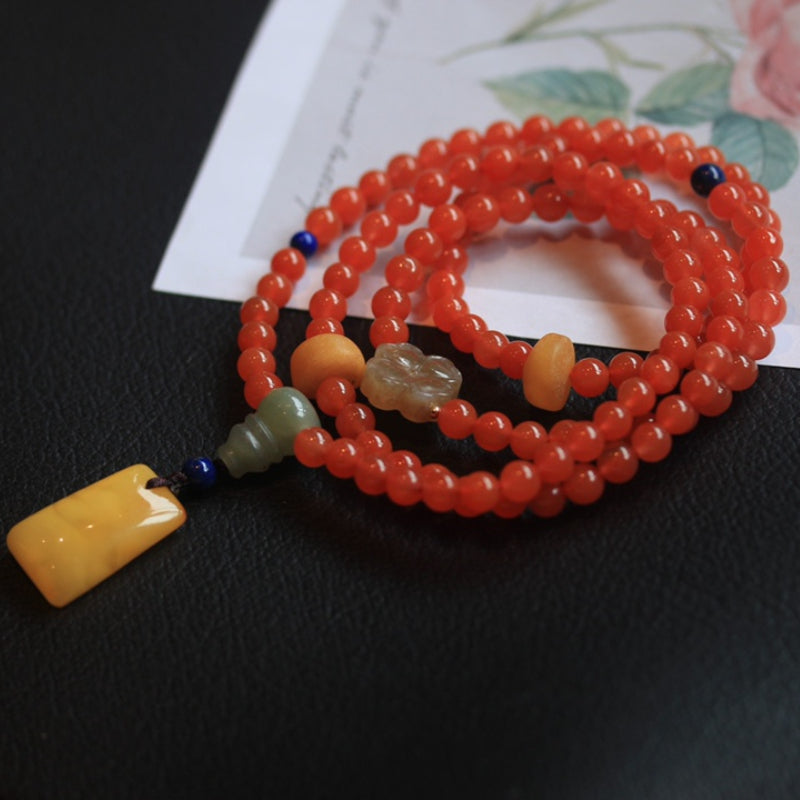 Natural Nanhong Agate 5.8mm Bracelet with Beeswax Amber and Hetian Jade Accents Triple Treasure Combination
