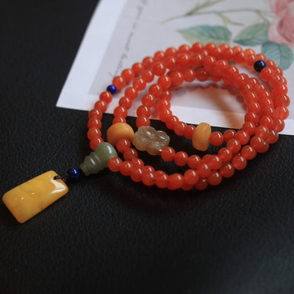 Natural Nanhong Agate 5.8mm Bracelet with Beeswax Amber and Hetian Jade Accents Triple Treasure Combination