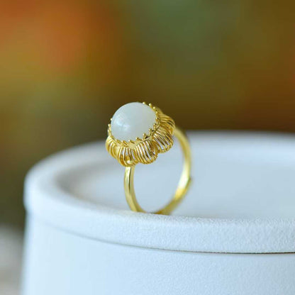 925 Silver Inlaid Hetian Nephrite "Round Drum & Plain Silver Hollow-Out" Ring