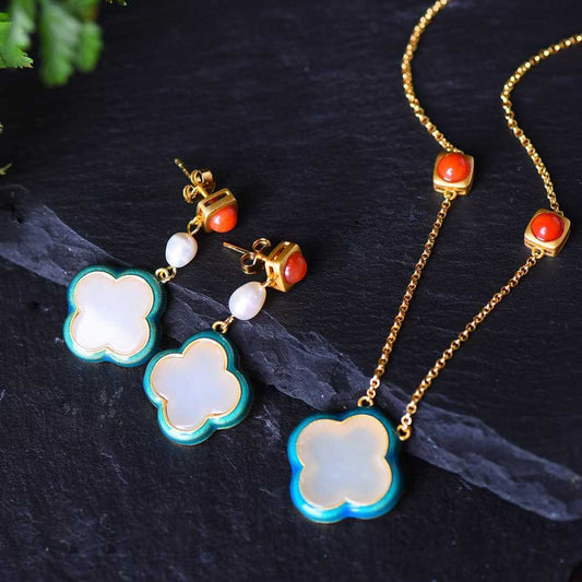 925 Silver Inlaid Nephrite Enamel Four-Leaf Clover Jewelry Set