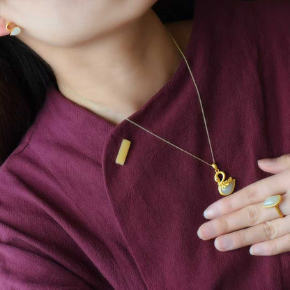 925 Silver Inlaid Nephrite Swan Jewelry Set
