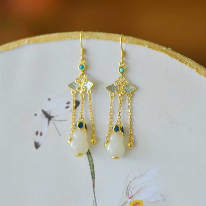 925 Silver Inlaid Nephrite "Blessings, Prosperity & Health" Tassel Earrings