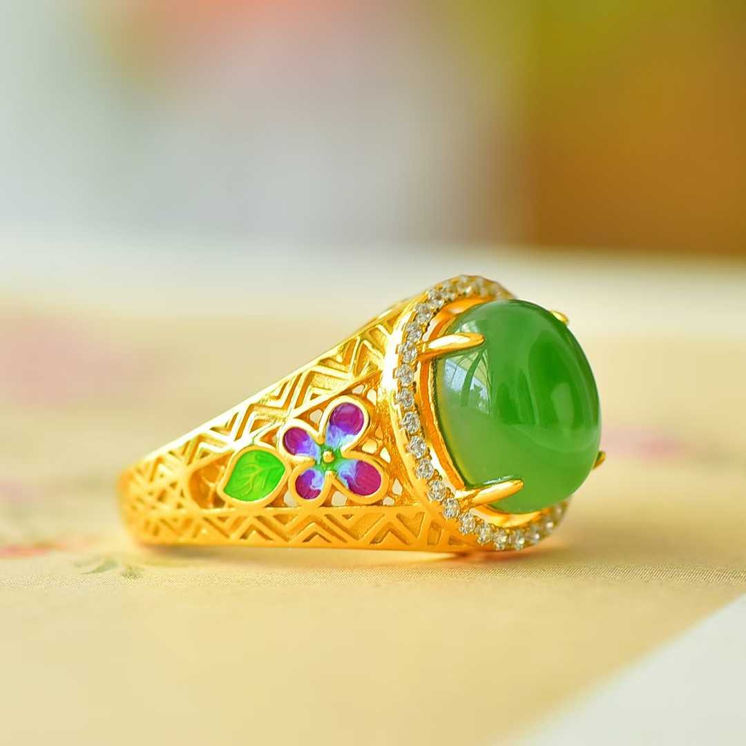925 Silver Inlaid Blue Enamel, Hetian Spinach Green Nephrite Cabochon & Zircon Ring
