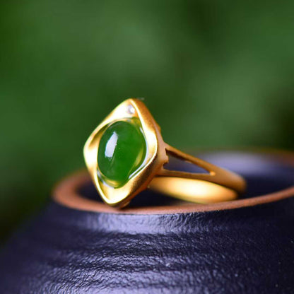 925 Sterling Silver Inlaid Hetian Jade with Thick Brushed Gold Small Ruyi Green Jade Ring