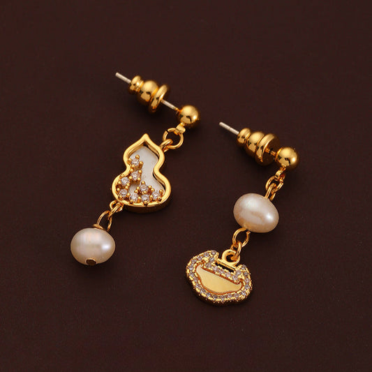 High-end simple freshwater pearl gourd zircon earrings - jewelryweilin