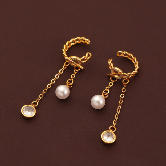 High-grade pearl ot buckle tassel ear bone clip non-pierced earrings - jewelryweilin