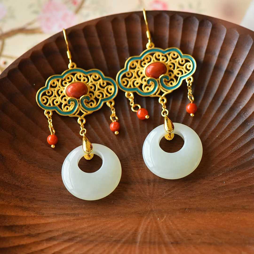 Side view of traditional Chinese palace enamel Hetian nephrite earrings
