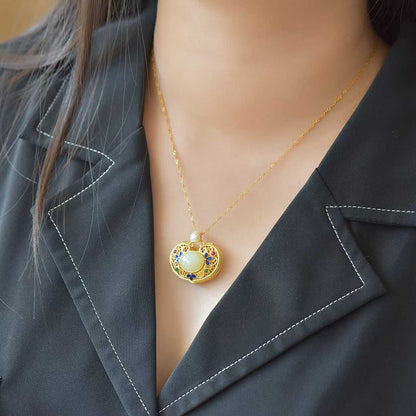 S925 Silver Inlaid Hetian Nephrite "All Wishes Come True & Ruyi Lock" Pendant
