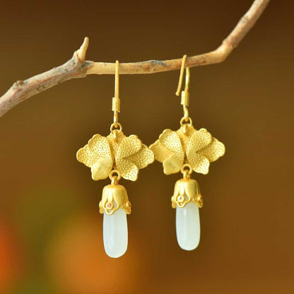 925 Silver Inlaid Hetian Nephrite "Lotus Charm in Gentle Breeze" Earrings