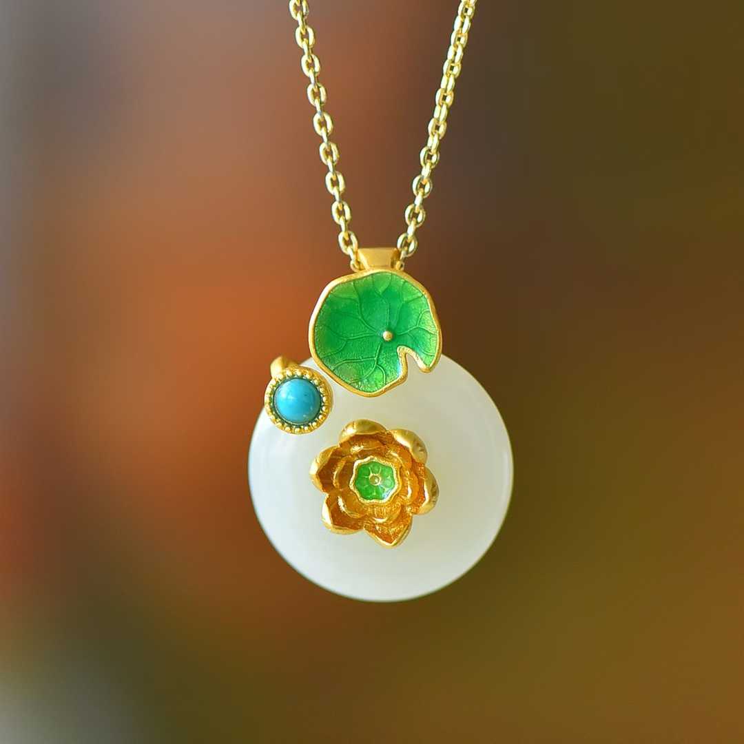 S925 silver Hetian nephrite Lotus Steps jewelry set - complete collection