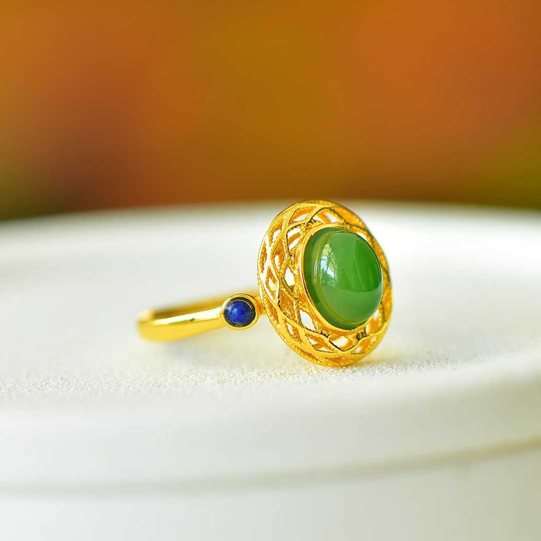 925 Silver Inlaid Hetian Spinach Green Nephrite Filigree-Wrapped Ring