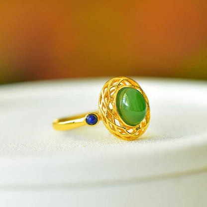 925 Silver Inlaid Hetian Spinach Green Nephrite Filigree-Wrapped Ring