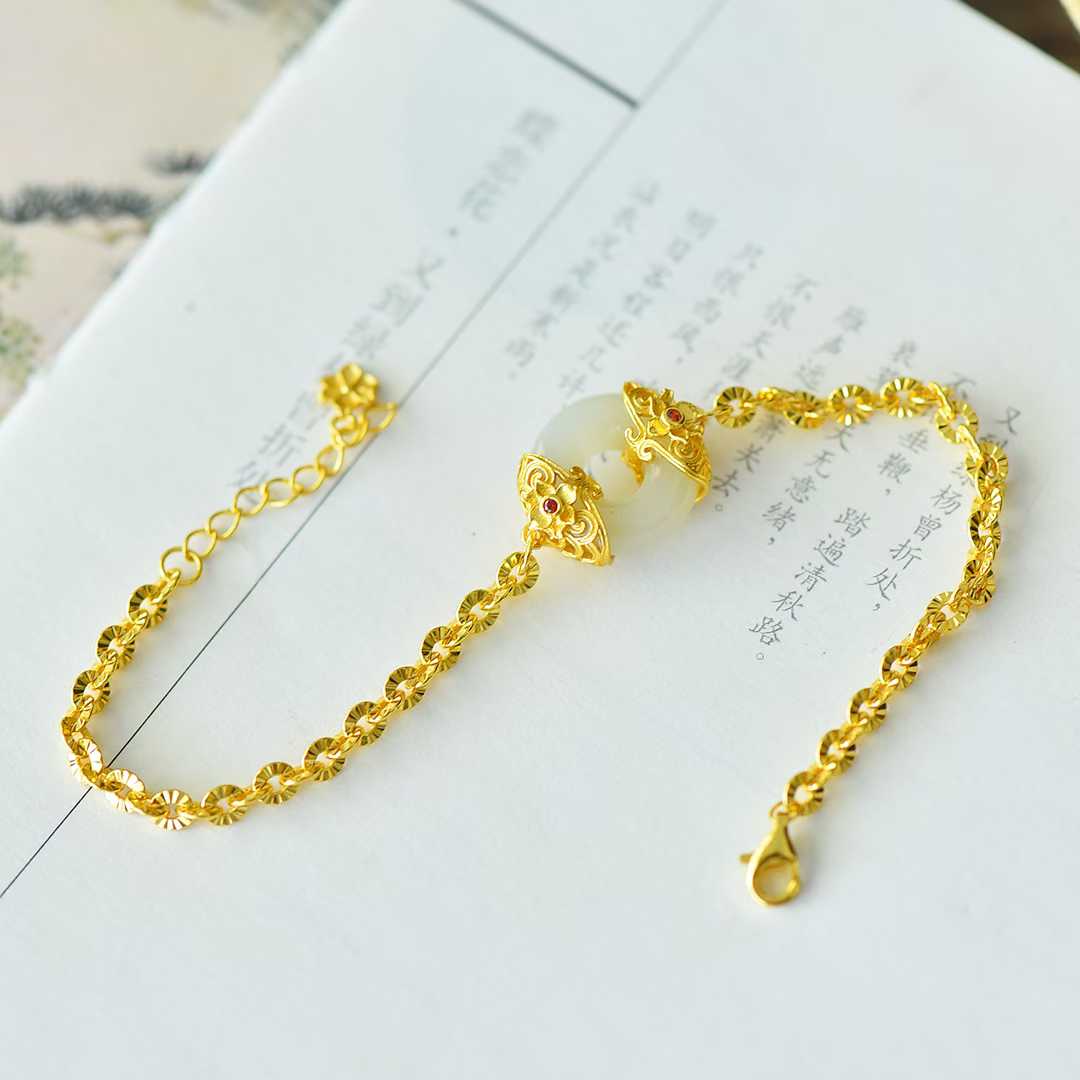 925 Silver Inlaid Enamel & Hetian Nephrite "Peace Always" Bracelet