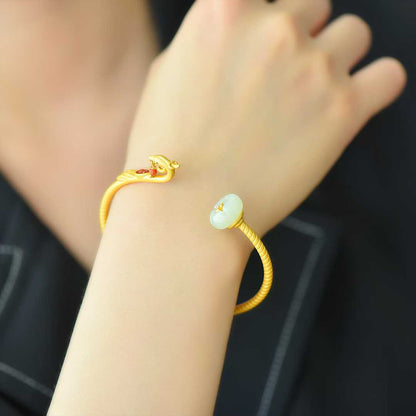 925 Silver Inlaid Hetian Nephrite "Lotus & Phoenix Arrival" Bracelet